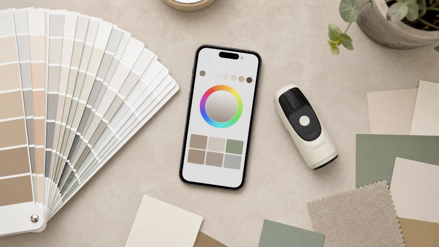 Nuancier, smartphone et petit appareil de scan couleur peinture