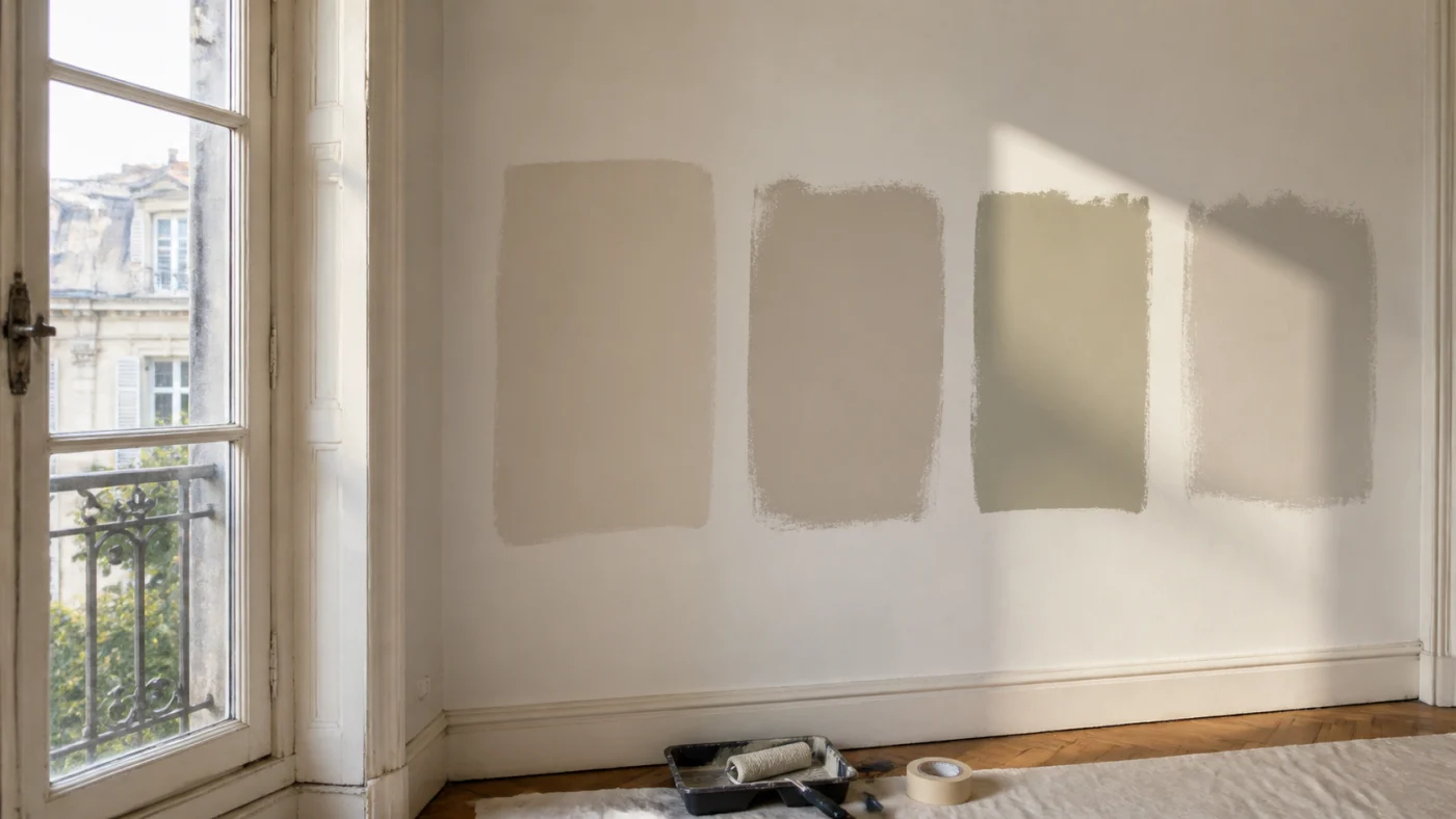 Échantillons de peinture testés sur un mur près d’une fenêtre