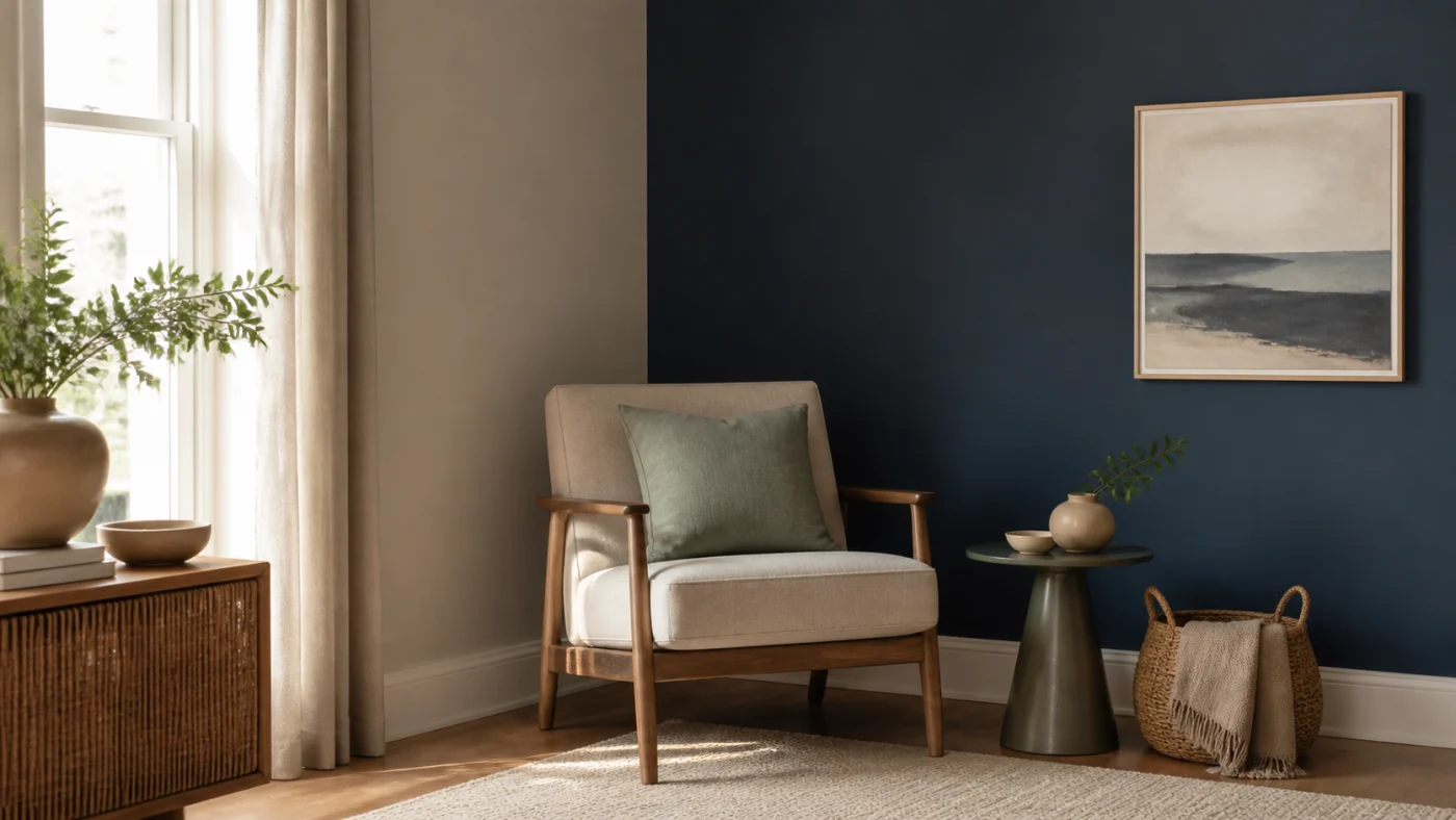 Coin salon avec mur d’accent foncé et palette de couleurs équilibrée