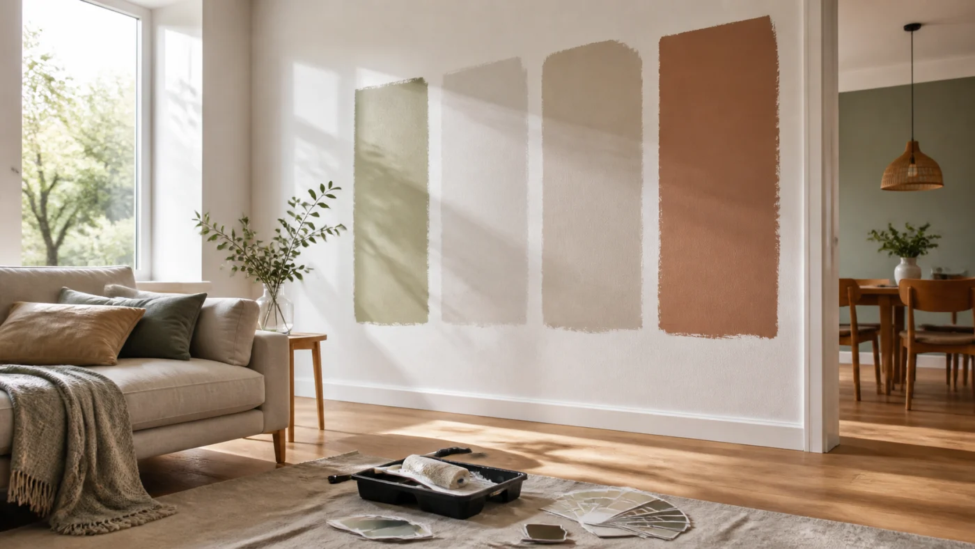 Salon lumineux avec essais de couleurs de peinture sur le mur