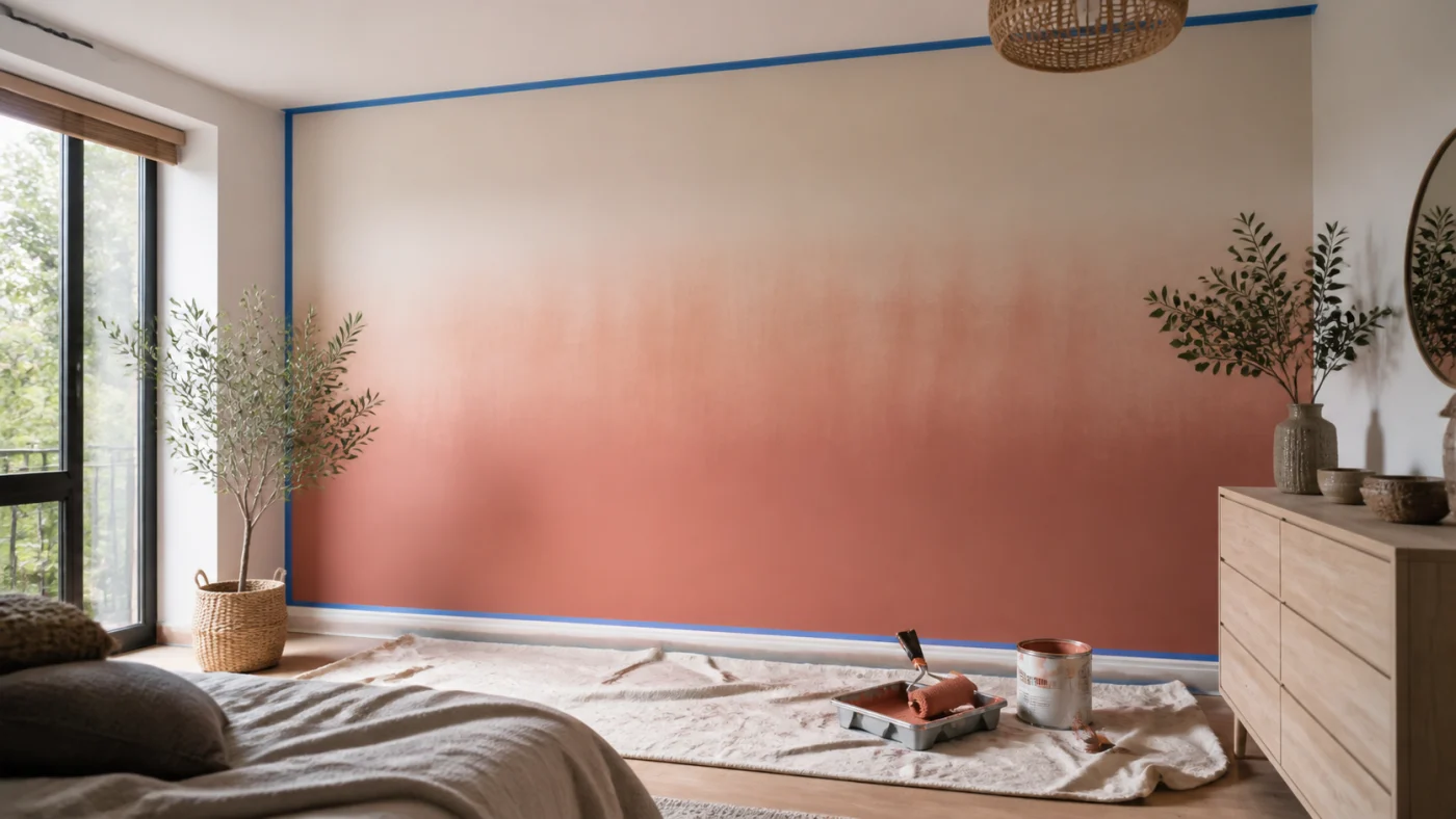 Mur de chambre avec dégradé de peinture terracotta en cours
