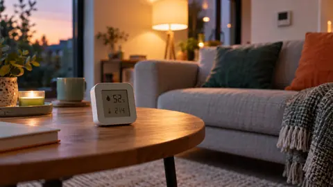Hygromètre posé sur une table de salon devant un canapé