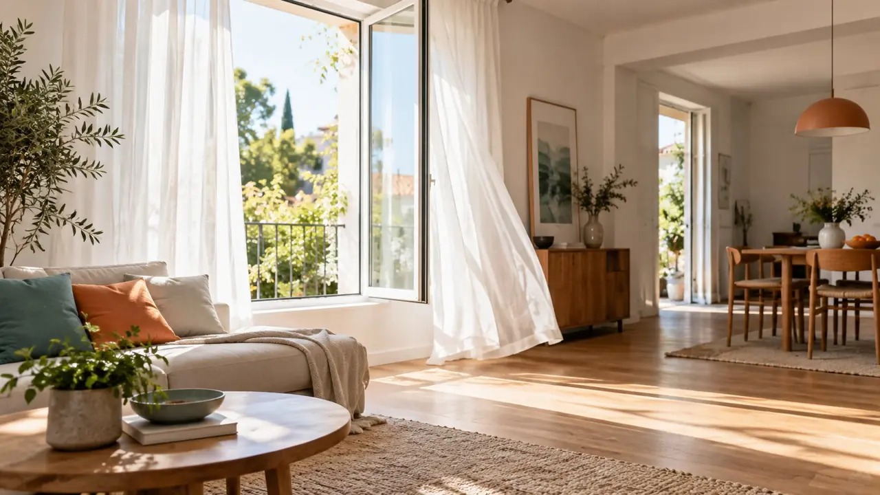 Fenêtre ouverte en grand dans une pièce de vie pour aérer la maison