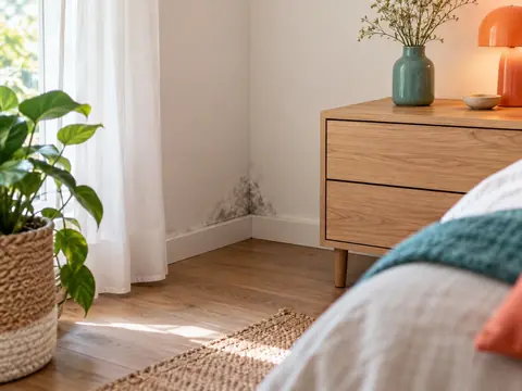 Trace d'humidité sombre dans l'angle bas d'un mur derrière un meuble