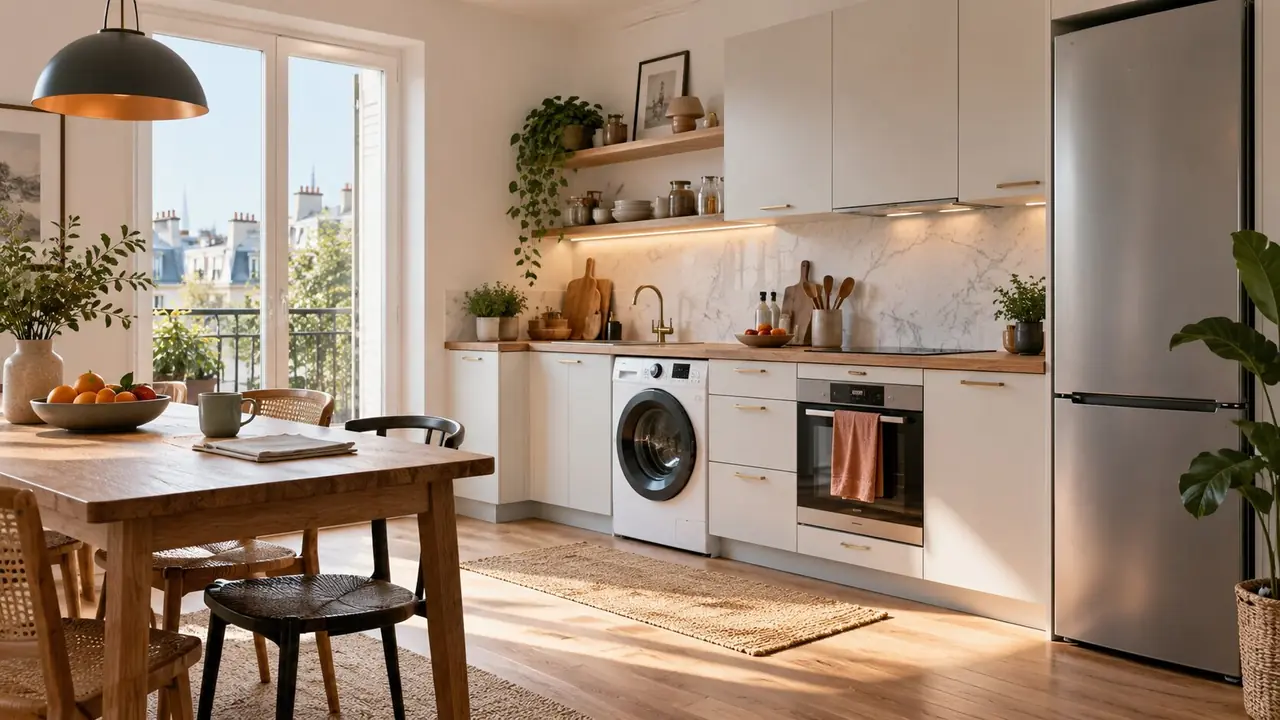 Cuisine équipée avec réfrigérateur et lave-linge