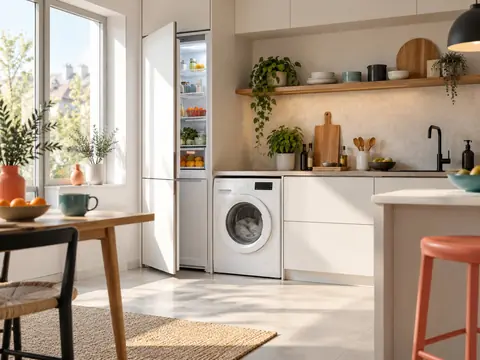Cuisine lumineuse avec réfrigérateur et lave-linge