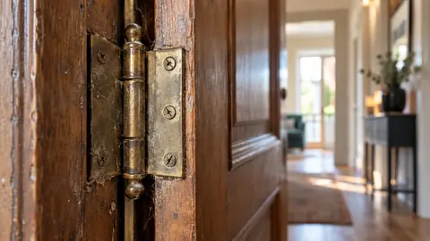 Charnière de porte ancienne en laiton encrassée, cause possible d'un grincement