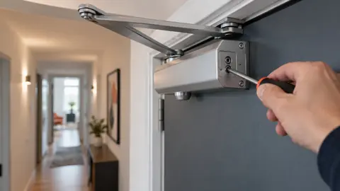 Réglage des vis d'un ferme-porte de porte intérieure avec un tournevis