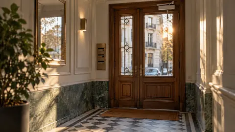 Porte d'entrée d'immeuble ancien équipée d'un ferme-porte