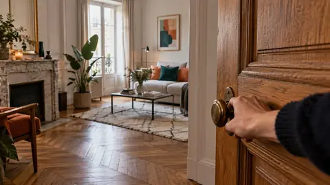 Main posée sur la poignée d'une porte en bois pour la fermer doucement
