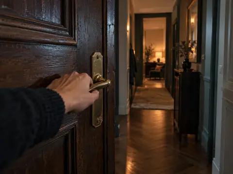 Main accompagnant une porte jusqu'au contact de son dormant pour éviter le claquement