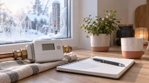 Relevé de consommation de chauffage et thermomètre extérieur dans une maison.