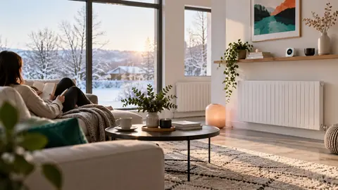 Salon avec plancher chauffant et radiateurs basse température, température d'ambiance stabilisée.
