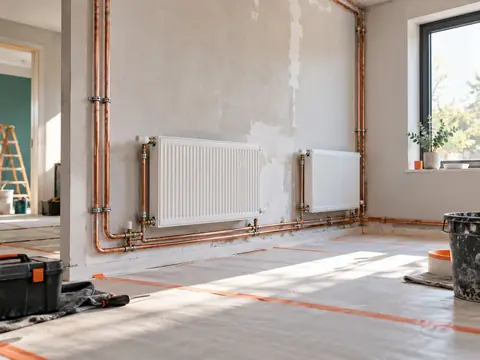 Détail d'une installation de chauffage en cours de raccordement dans une pièce en travaux.