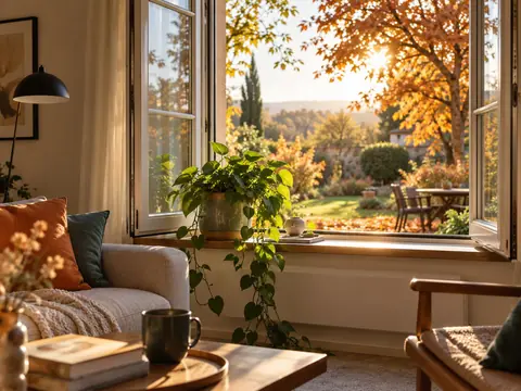 Fenêtre de salon ouverte en automne