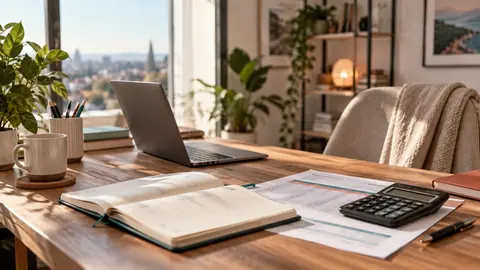 Agenda ouvert avec une date notée, calculatrice et document tarifaire sur un bureau