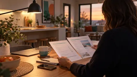 Personne comparant deux documents à une table de cuisine