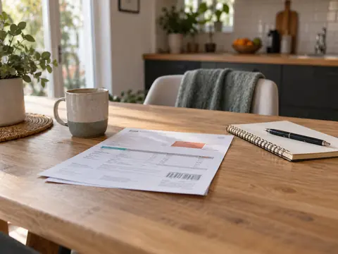 Facture d'électricité et carnet posés sur une table de cuisine