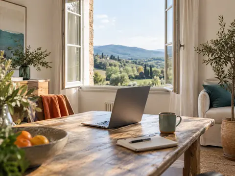 Intérieur lumineux ouvert sur un paysage de campagne