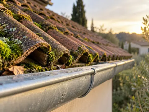 Mousse verte installée entre les tuiles d'un versant de toiture, avant démoussage