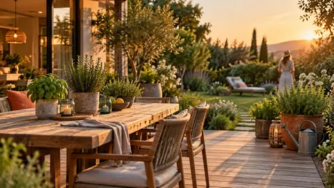 Terrasse de maison avec pots de plantes anti-moustiques autour de la table