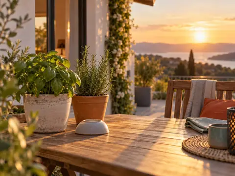 Terrasse avec plantes aromatiques en pot près d'une table