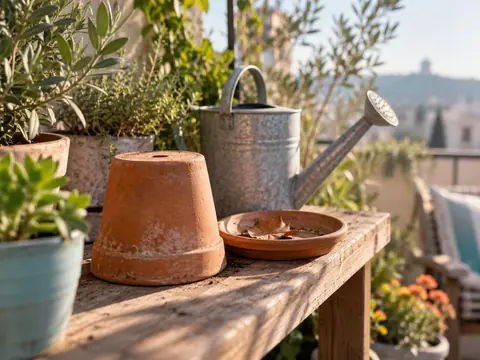 Pot retourné et coupelle sèche sur une terrasse