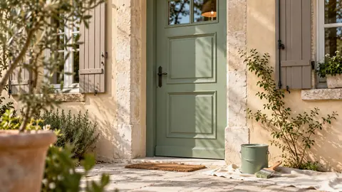 Porte d'entrée peinte en vert sauge avec pinceau et pot de peinture au sol
