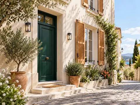 Porte d'entrée verte sur une façade en enduit clair avec volets en bois