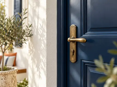 Détail d'une porte d'entrée peinte en bleu marine satiné