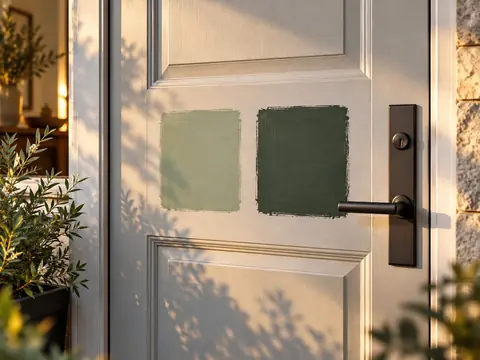 Échantillons de peinture verte testés côte à côte sur une porte d'entrée