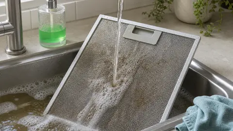 Filtre métallique de hotte aspirante rincé dans un évier avec eau chaude