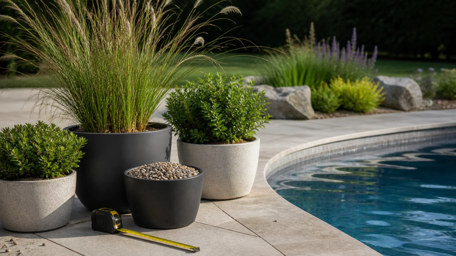 Pots et graminées placés à distance du bord de piscine