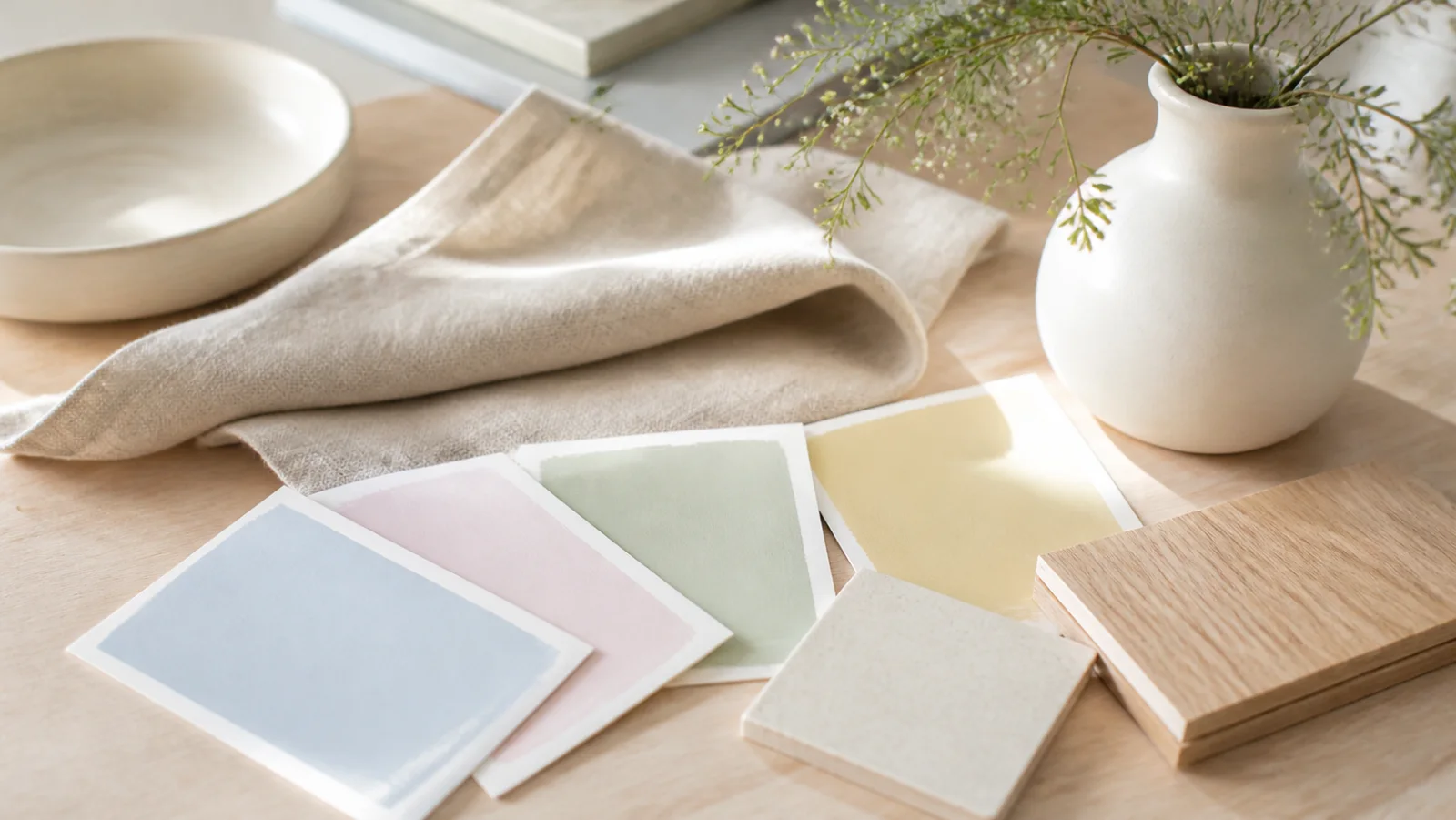 Nuancier pastel avec textiles et bois clair