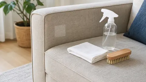 Canapé en tissu clair avec kit de nettoyage textile doux