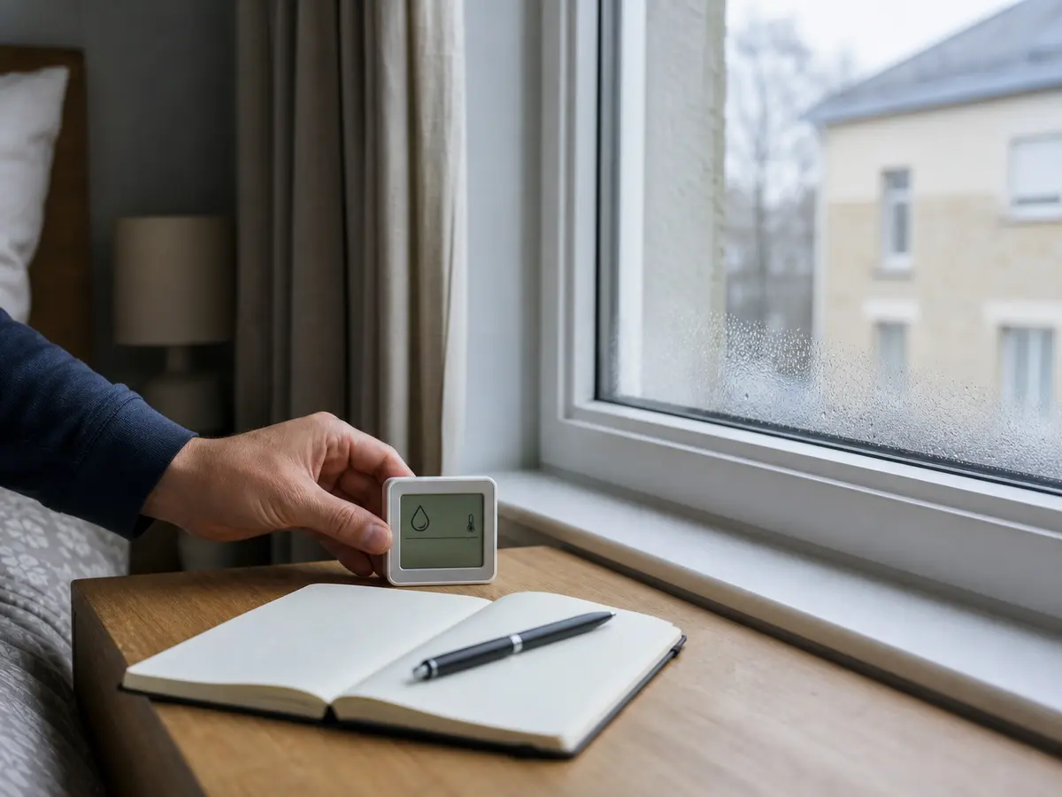 Hygromètre posé devant une fenêtre condensée avec un carnet pour relever la situation matin et soir