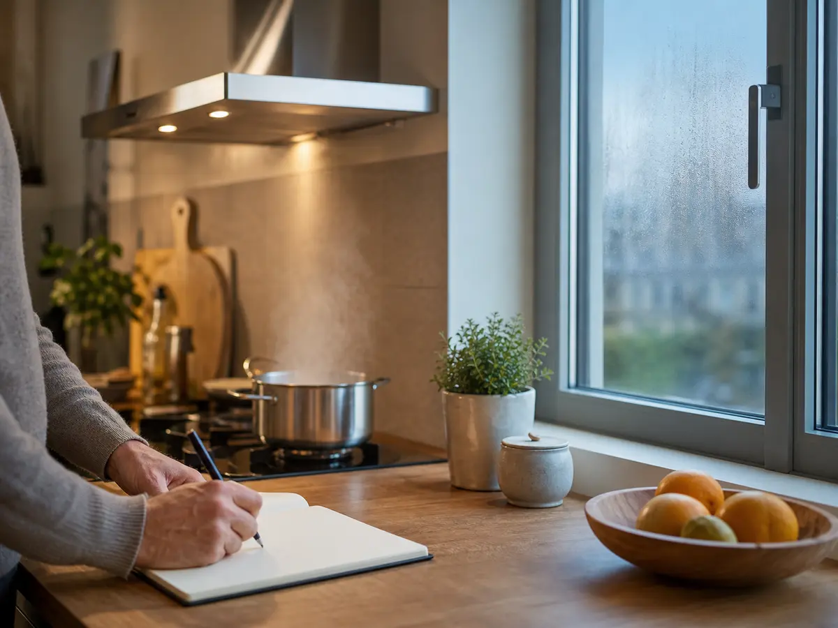 Personne notant ses observations après une cuisson qui produit de la vapeur près d’une fenêtre