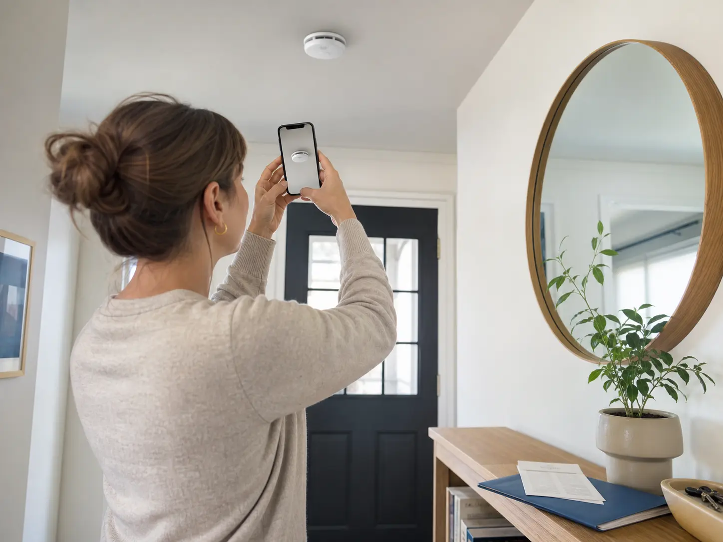 Personne photographiant le détecteur installé et conservant les documents utiles