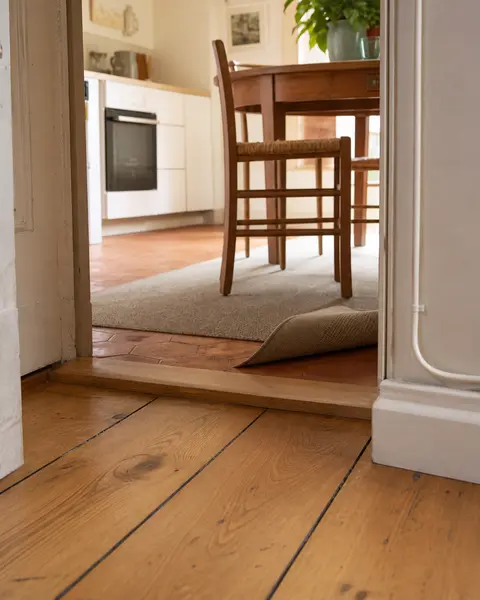 Seuil de porte, tapis et chaises dans un logement réel à observer avant de choisir un robot
