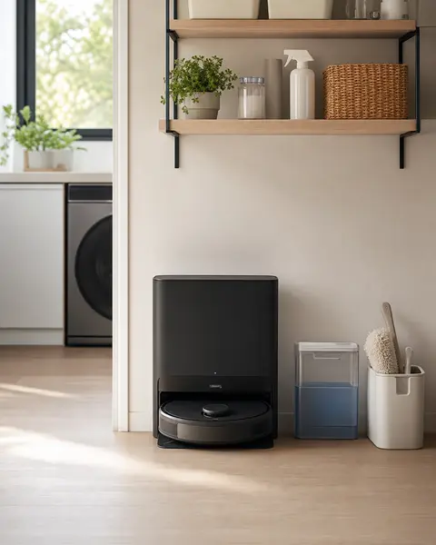 Station de robot aspirateur dans un coin entretien lumineux et dégagé